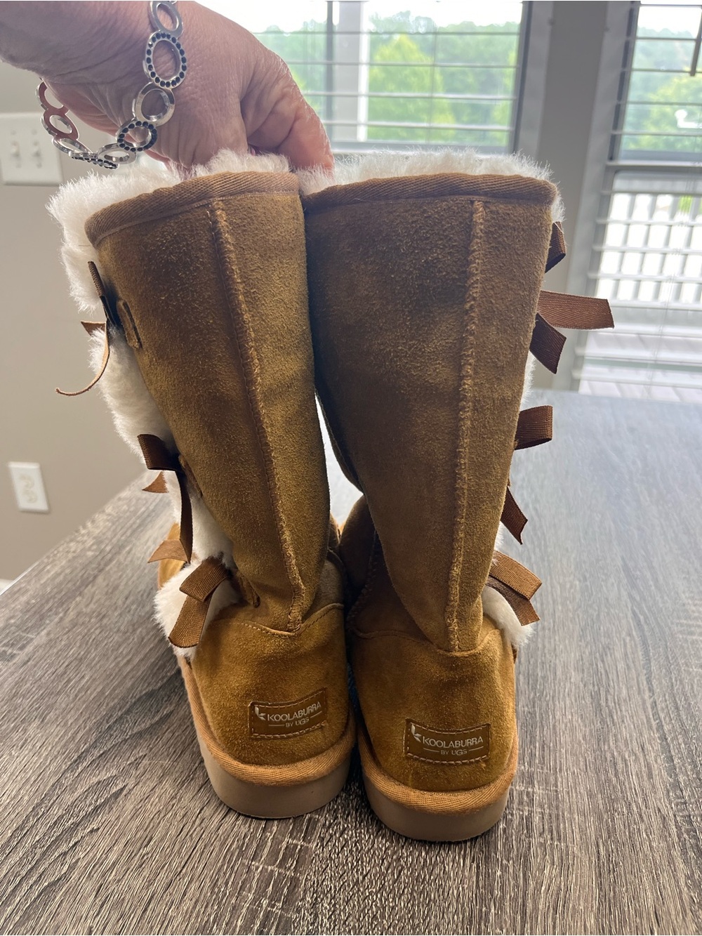 Koolaburra Chestnut Suede Mid-Calf Slippers with White Faux-Fur Pom Trim - Picture 3 of 6
